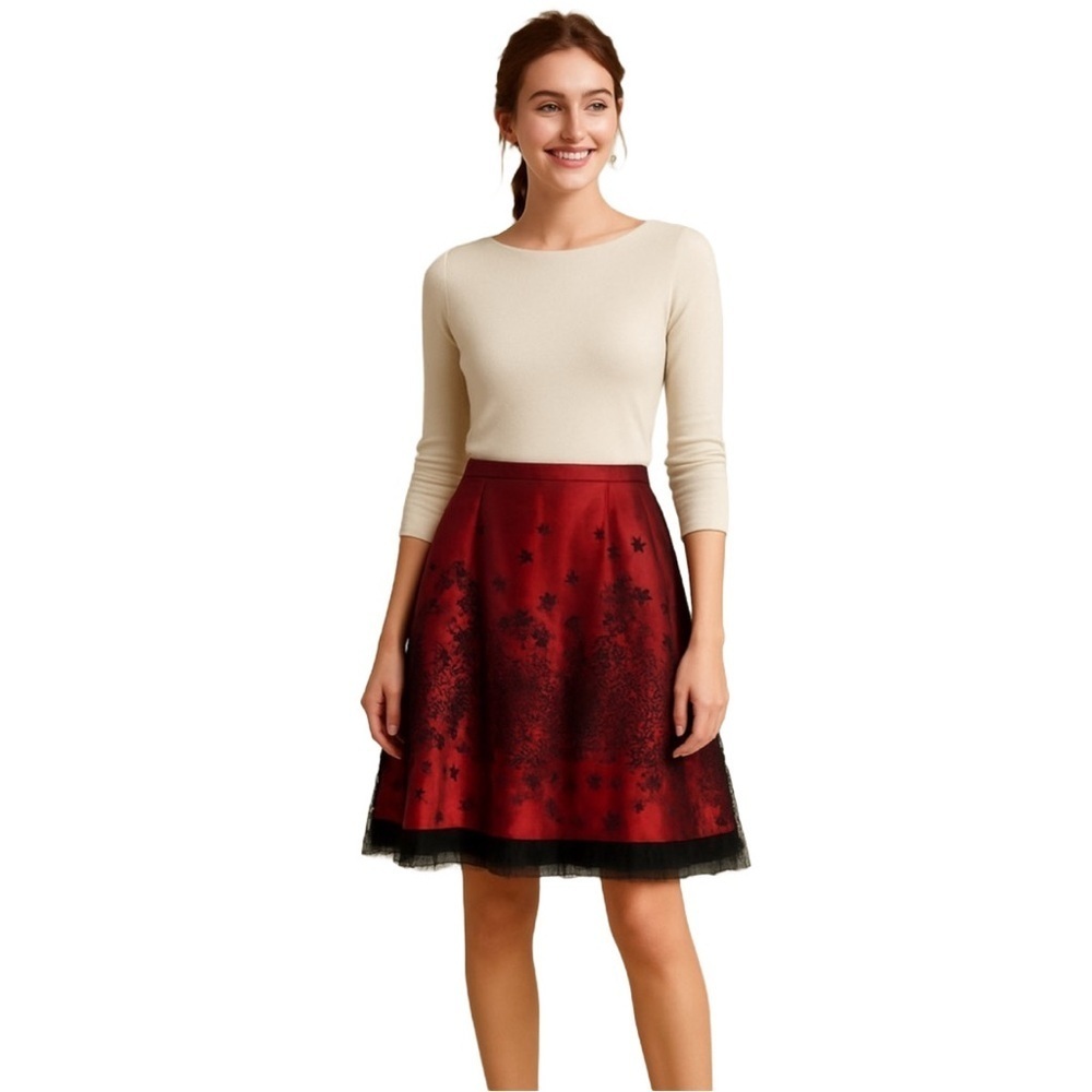 ADRIANA PAPELL Red and Black Lace Overlay Skirt
